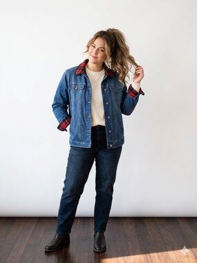 Vintage Parasuco Red & Black Plaid Jean Jacket